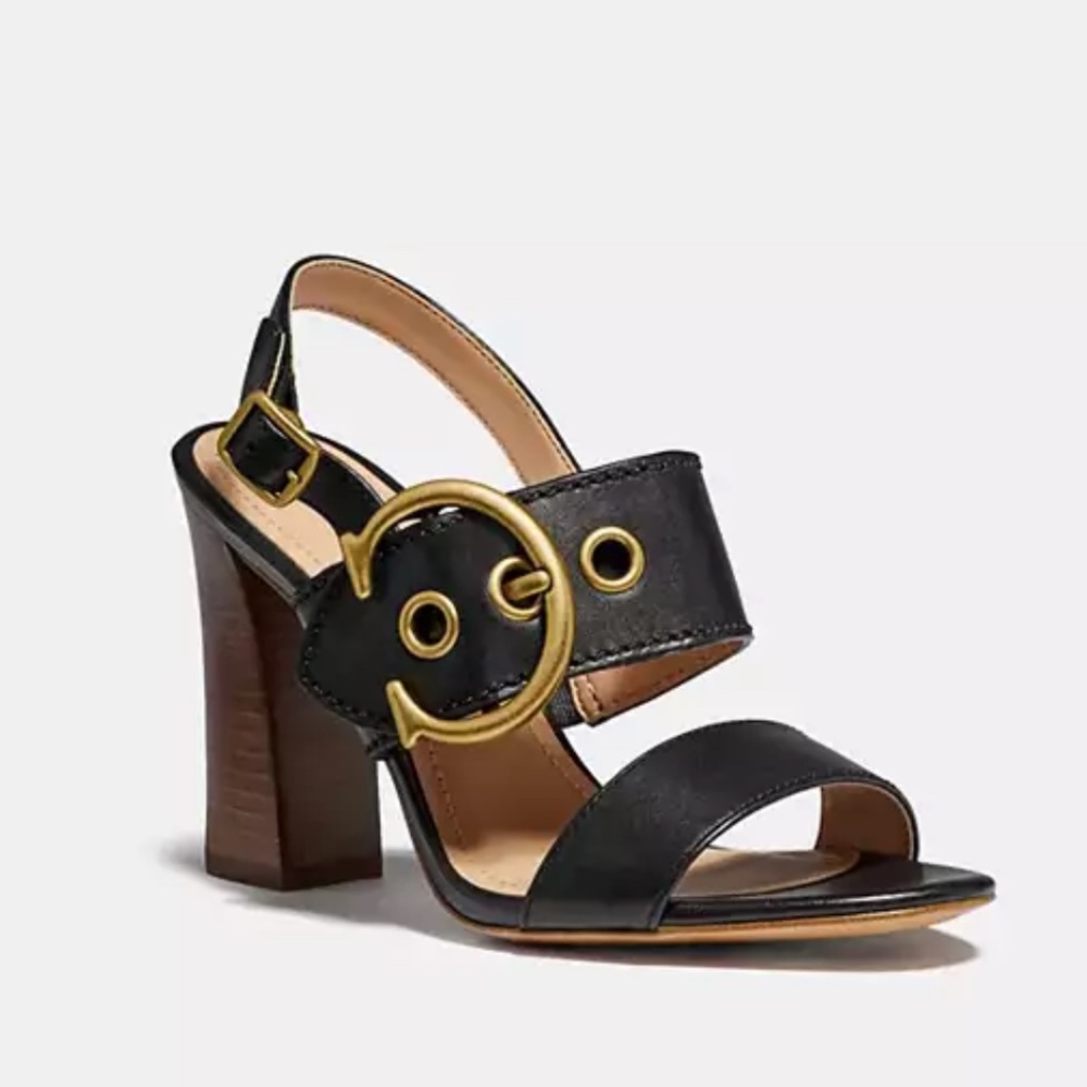 COACH Black Leather Sandal Gold Buckle Robin